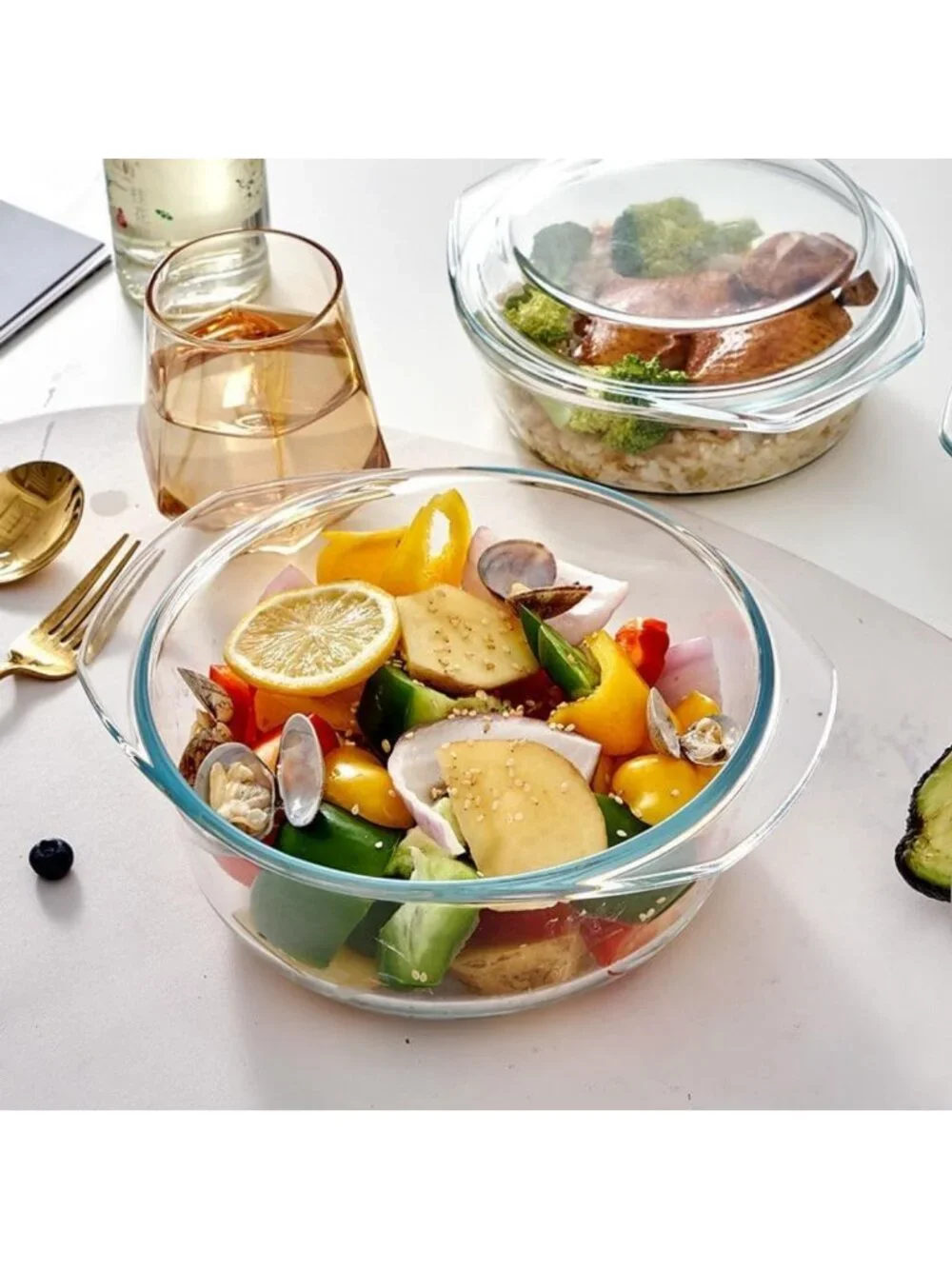 Mini 1-QT Round Glass Casserole Dish with Lid - Tempered Clear Bowl for Baking
